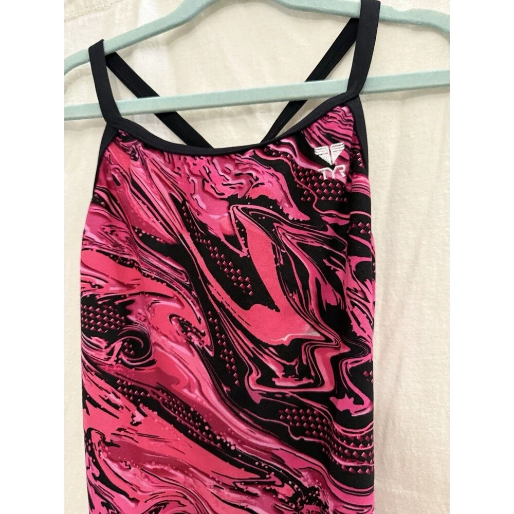 TYR Size 34 Pink Black Marble Open Back One Piece Swimsuit Training Competition